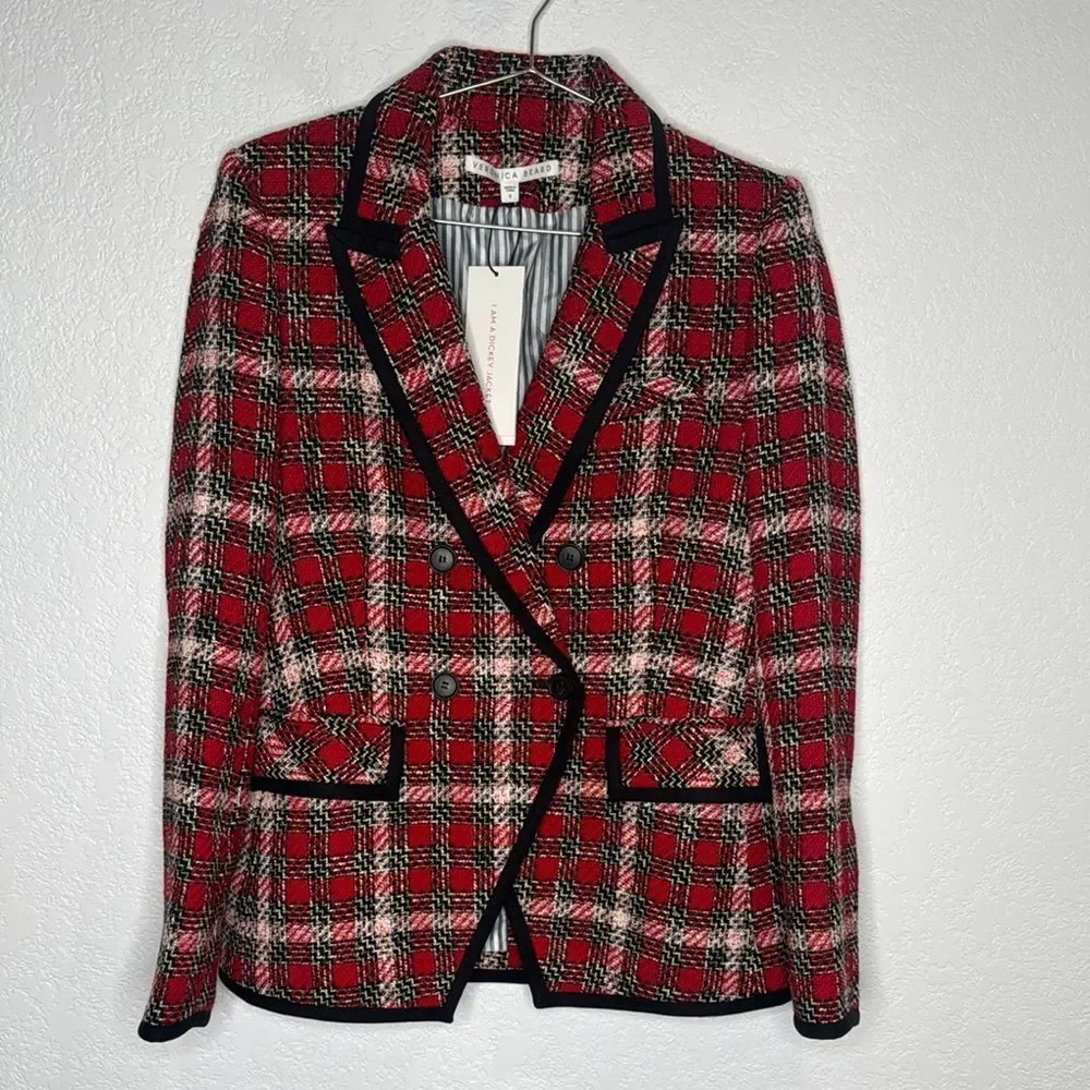 NWT VERONICA BEARD HARRIET CUTAWAY DICKEY BLAZER JACKET PLAID CHECK TWEED RED 8 - Picture 2 of 15